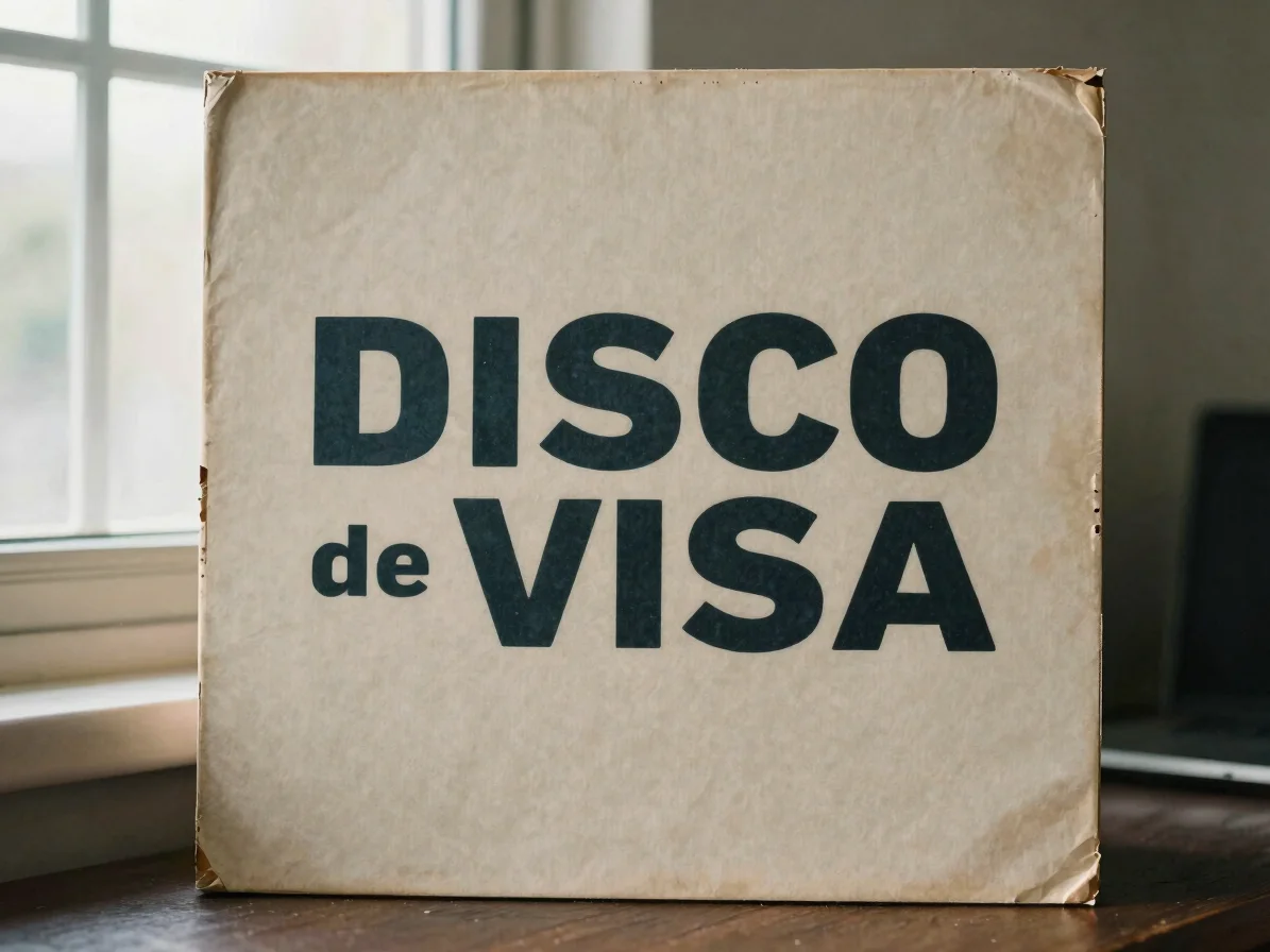 Vista frontal de uma capa de disco de arquivo com tipografia marcante, luz suave de janela, fundo de papel neutro, grão