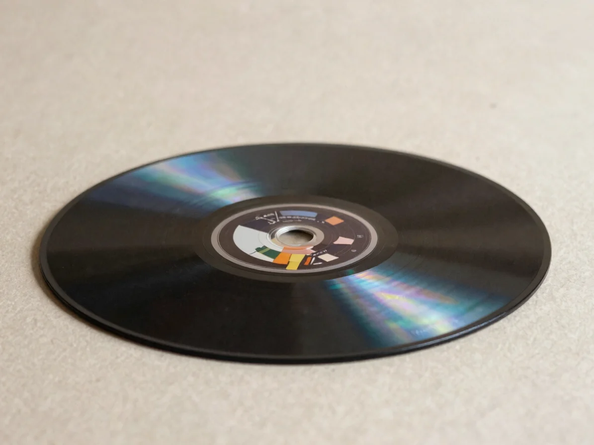 Detalhe de fotografia impressa em capa de disco, luz difusa, texturas de papel, enquadramento de close com fundo neutro