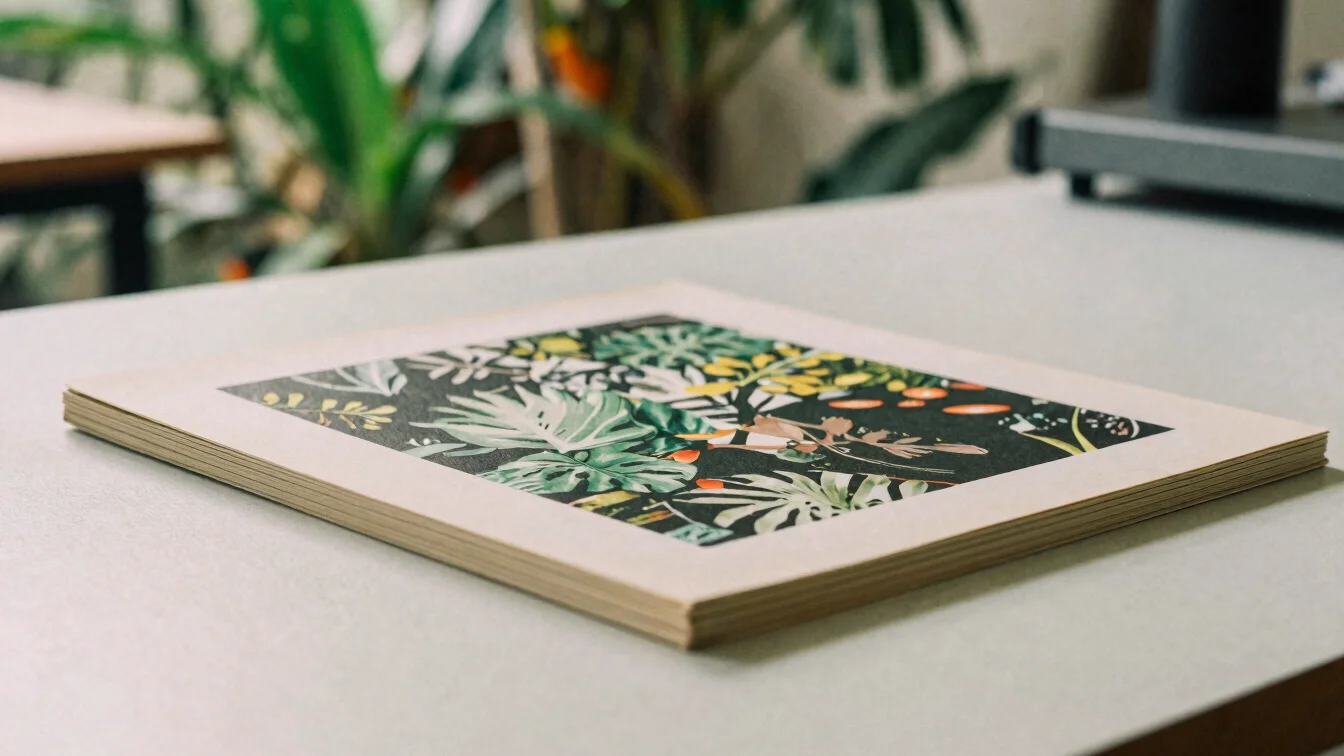 Detalhe de impressão de capa de disco em mesa de trabalho, vegetação tropical ao fundo desfocada, luz suave da manhã, gr