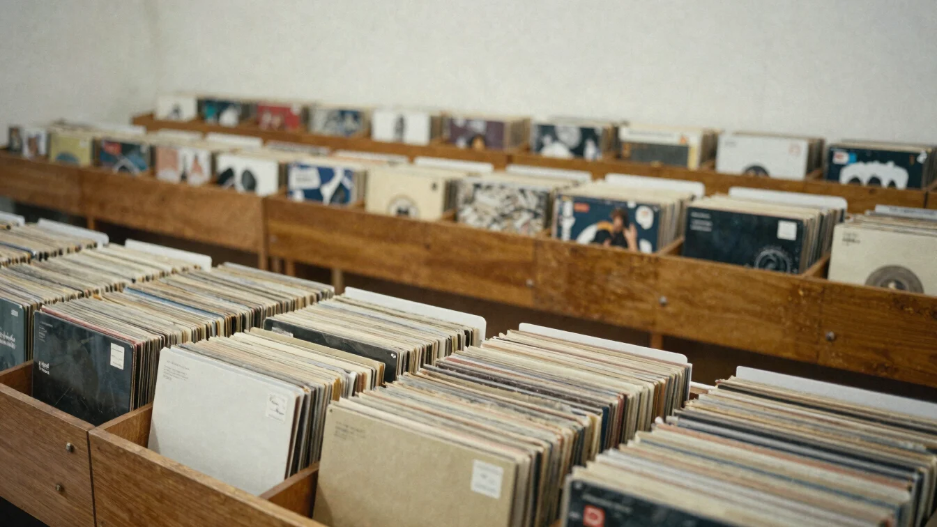 Pessoas plausivelmente de São Paulo analisando discos de arquivo em uma bancada de madeira, luz suave e difusa, composiç
