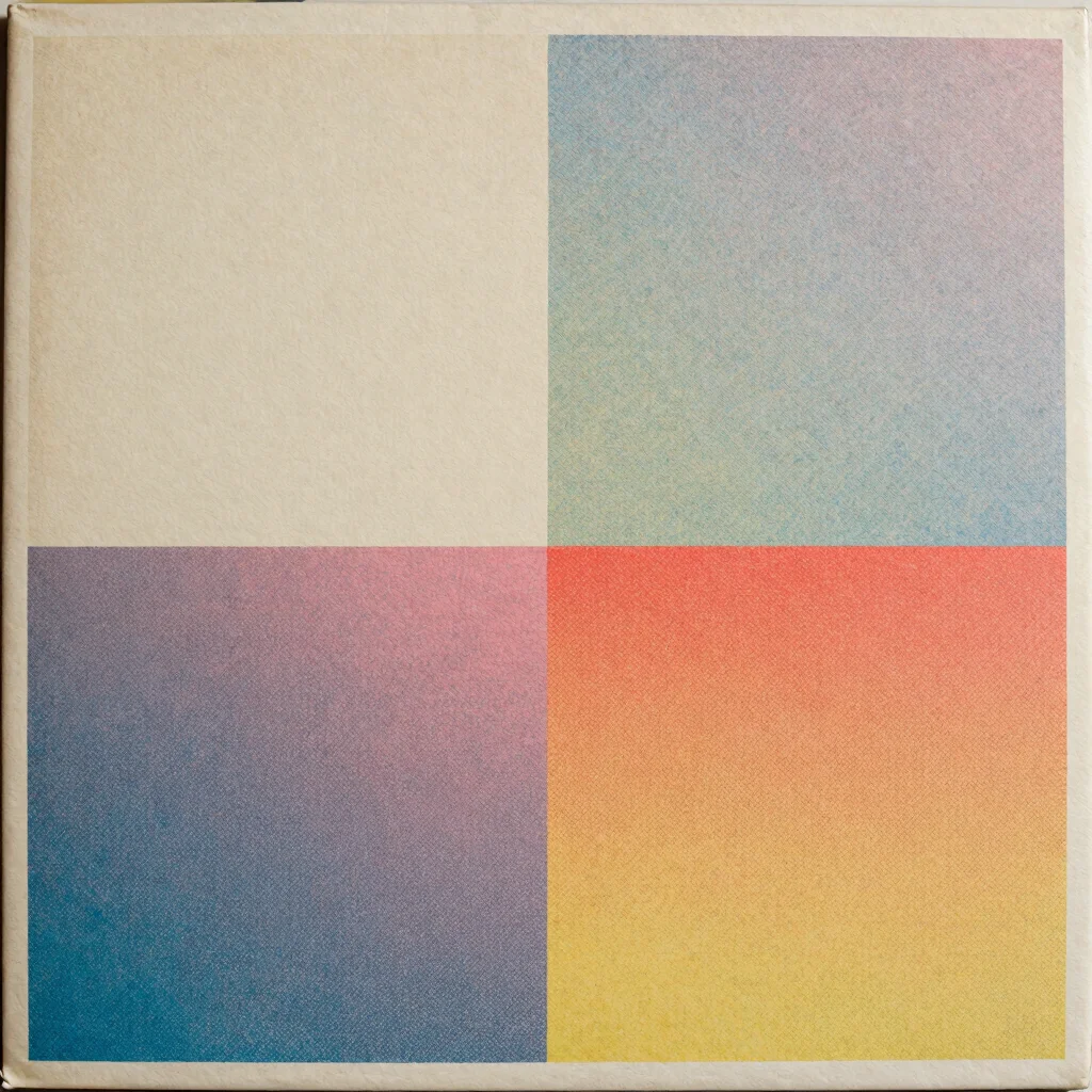 Close detail of a psychedelic printed record sleeve with saturated ink layers, soft archival daylight, halftone texture,