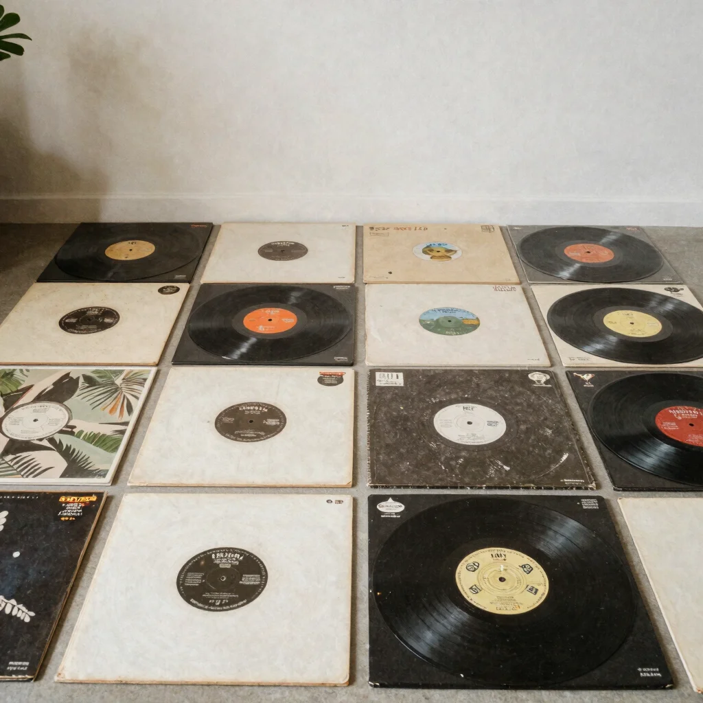 Wide flat-lay of organized vinyl record sleeves in a Brazilian modernist interior with tropical plant shadow, soft humid