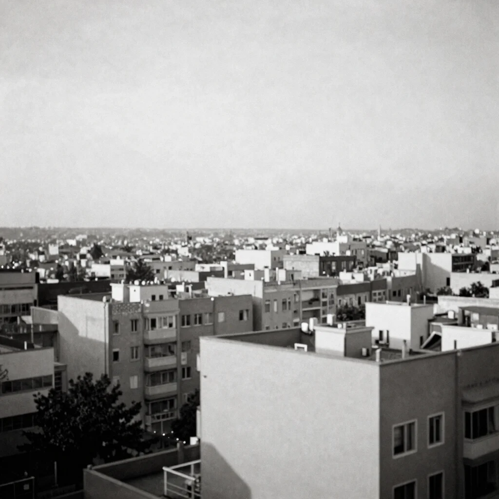 Urban photographic record cover close view with grainy black and white tones, soft daylight, no text visible
