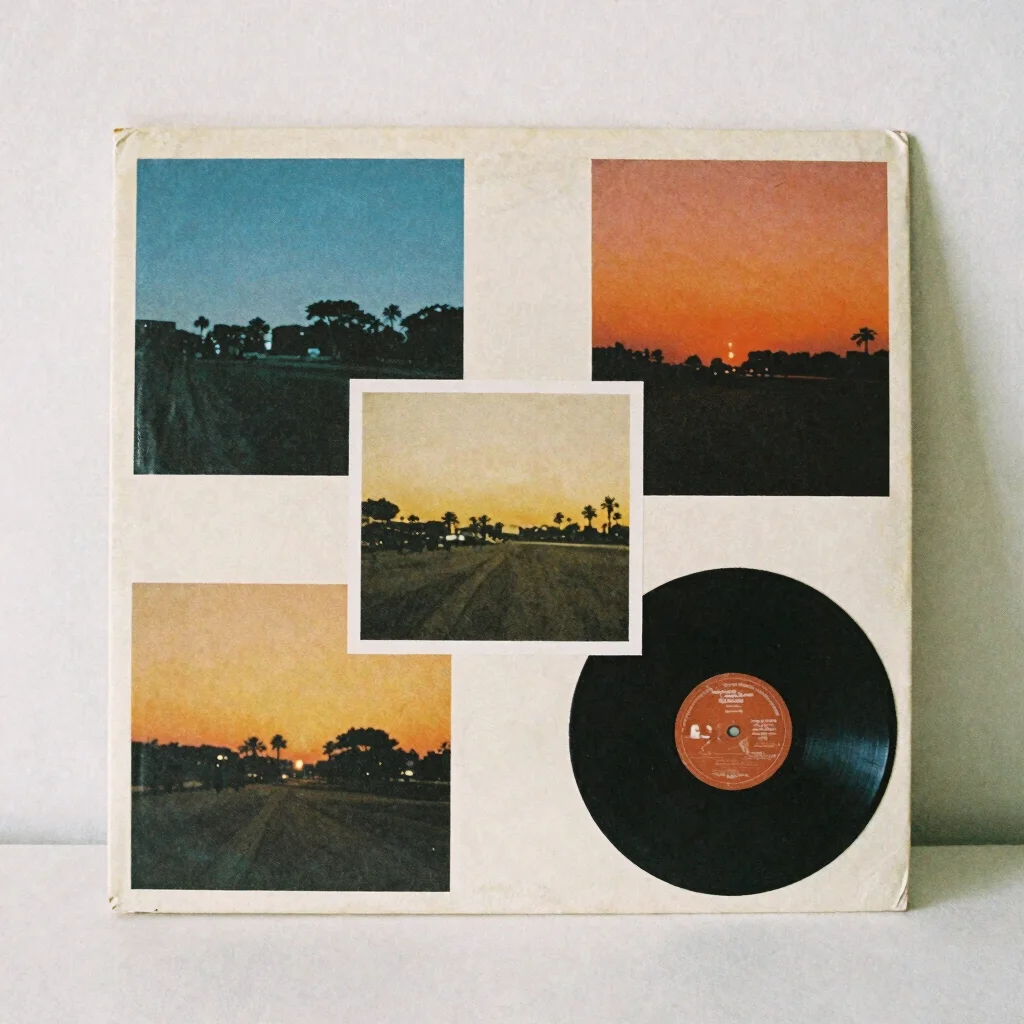 Frontal view of a vinyl album cover with bold collage composition on warm paper neutral background, soft diffuse dayligh